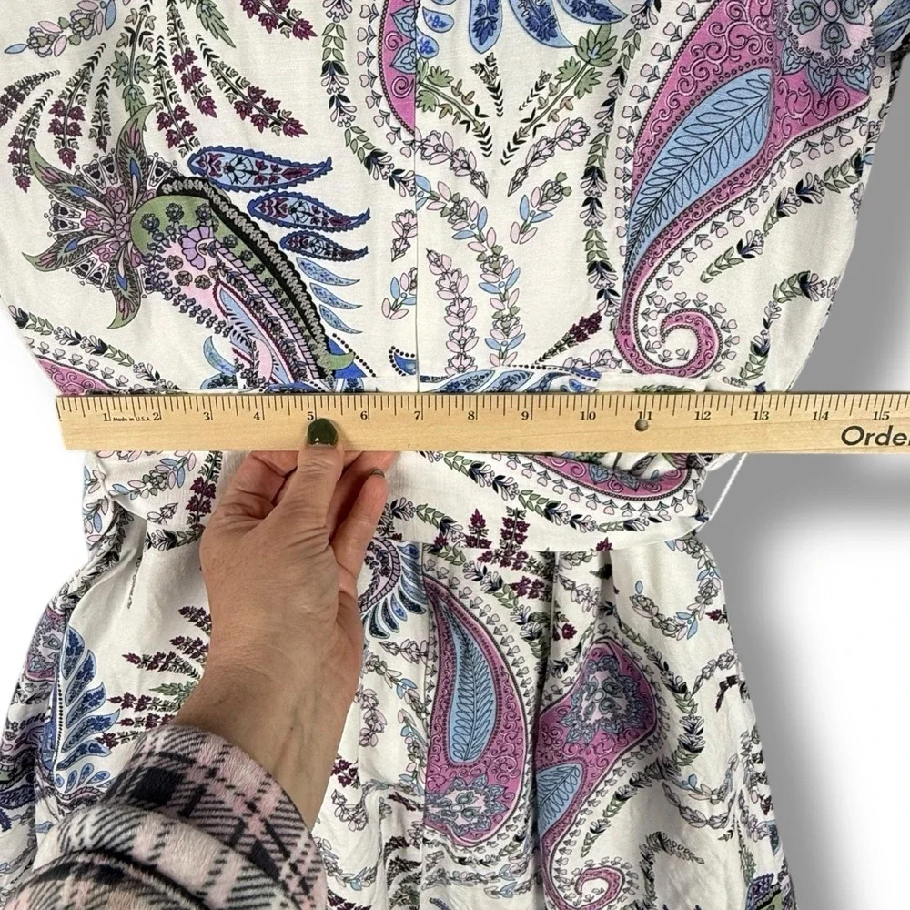 Loft Paisley Linen Blend Belted Puff Sleeve Dress Women's‎ Size 0 Lined V-Neck